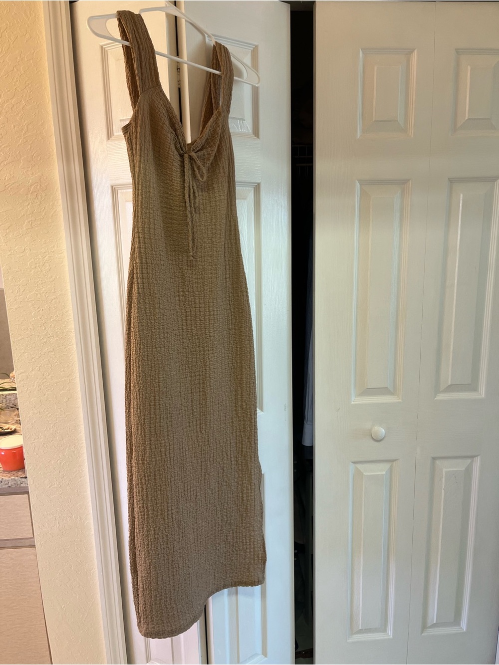 Sleeveless Knit Tie-Front Midi Dress in Light Brown